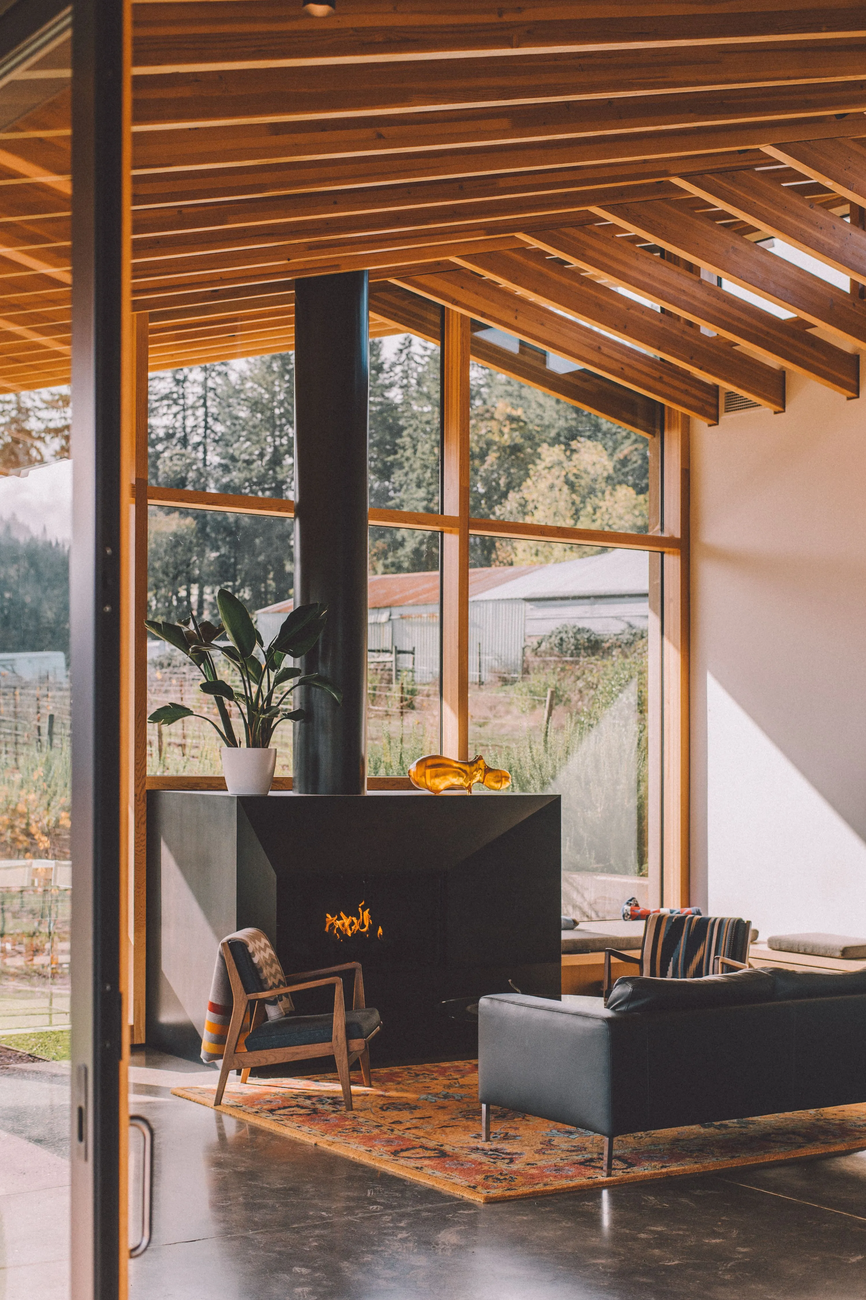 The interior of a finished home: a wood-lined vaulted ceiling, tall windows onto the trees, and a black wood stove