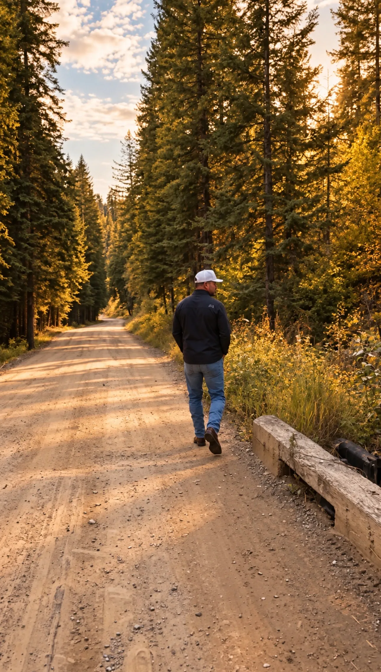 Jared Ban walking away down a gravel road lined with golden autumn trees