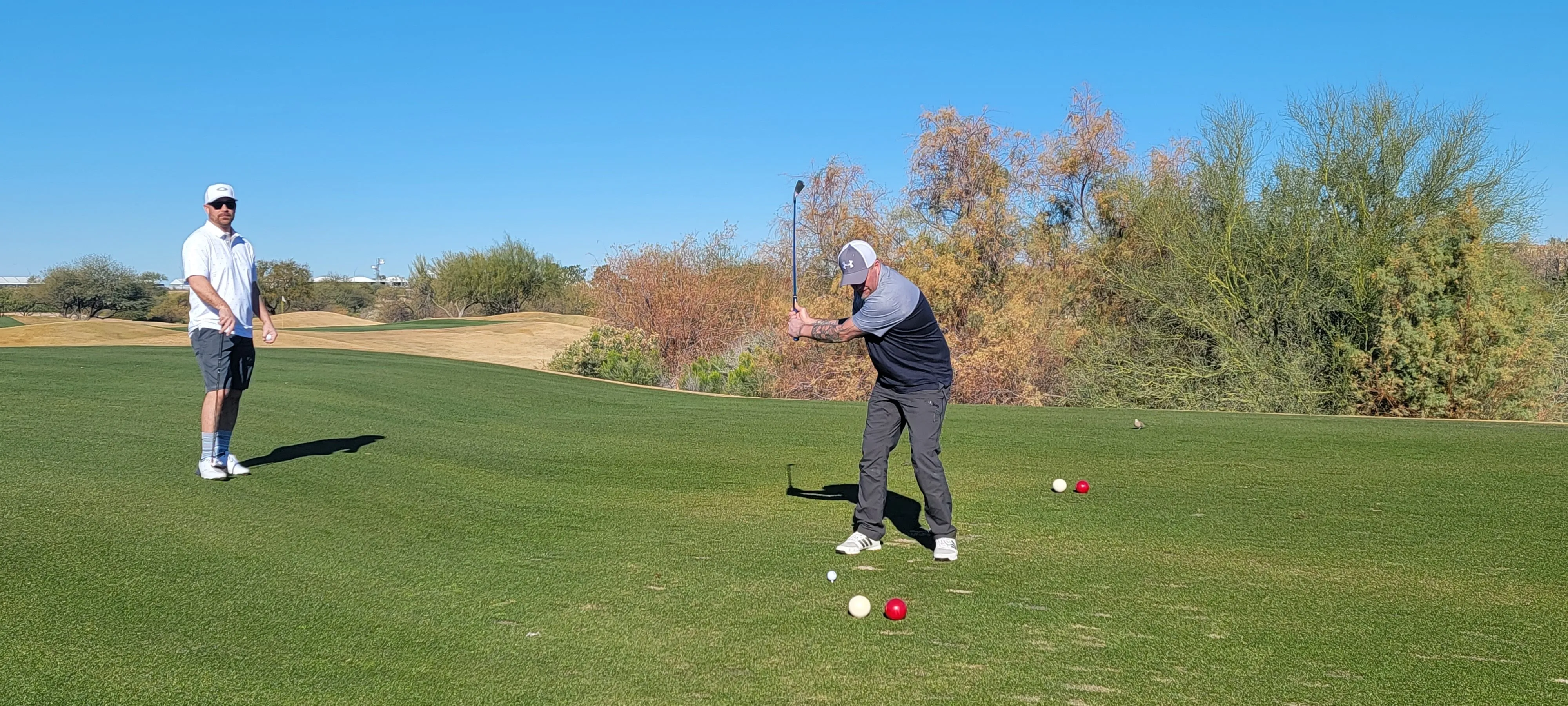 Two golfers on a sunny fairway, one mid-swing, autumn brush along the edge of the course