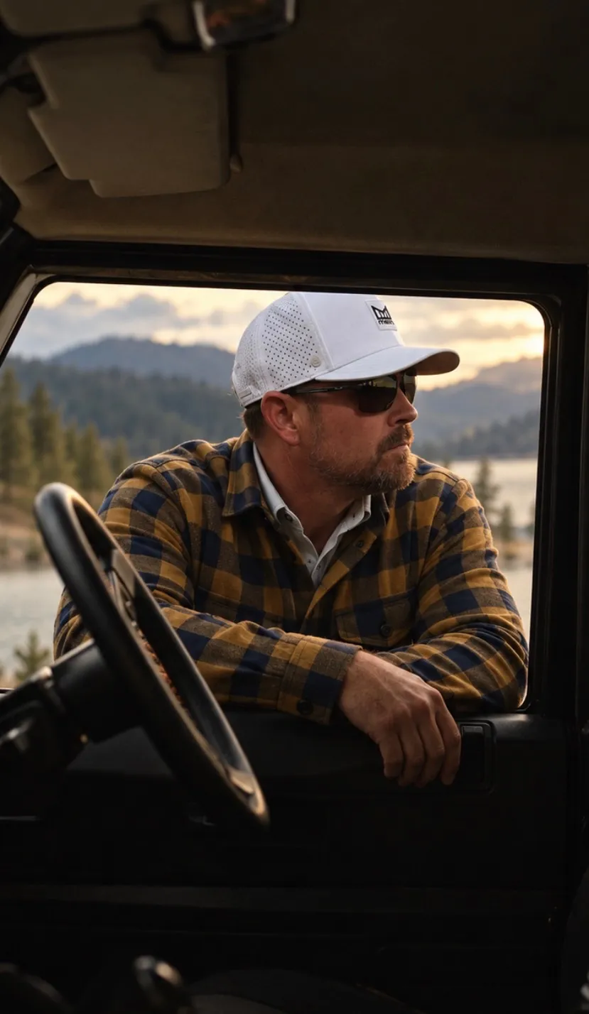 Jared Ban sitting in his Jeep in profile, looking out across a lake toward the mountains in evening light