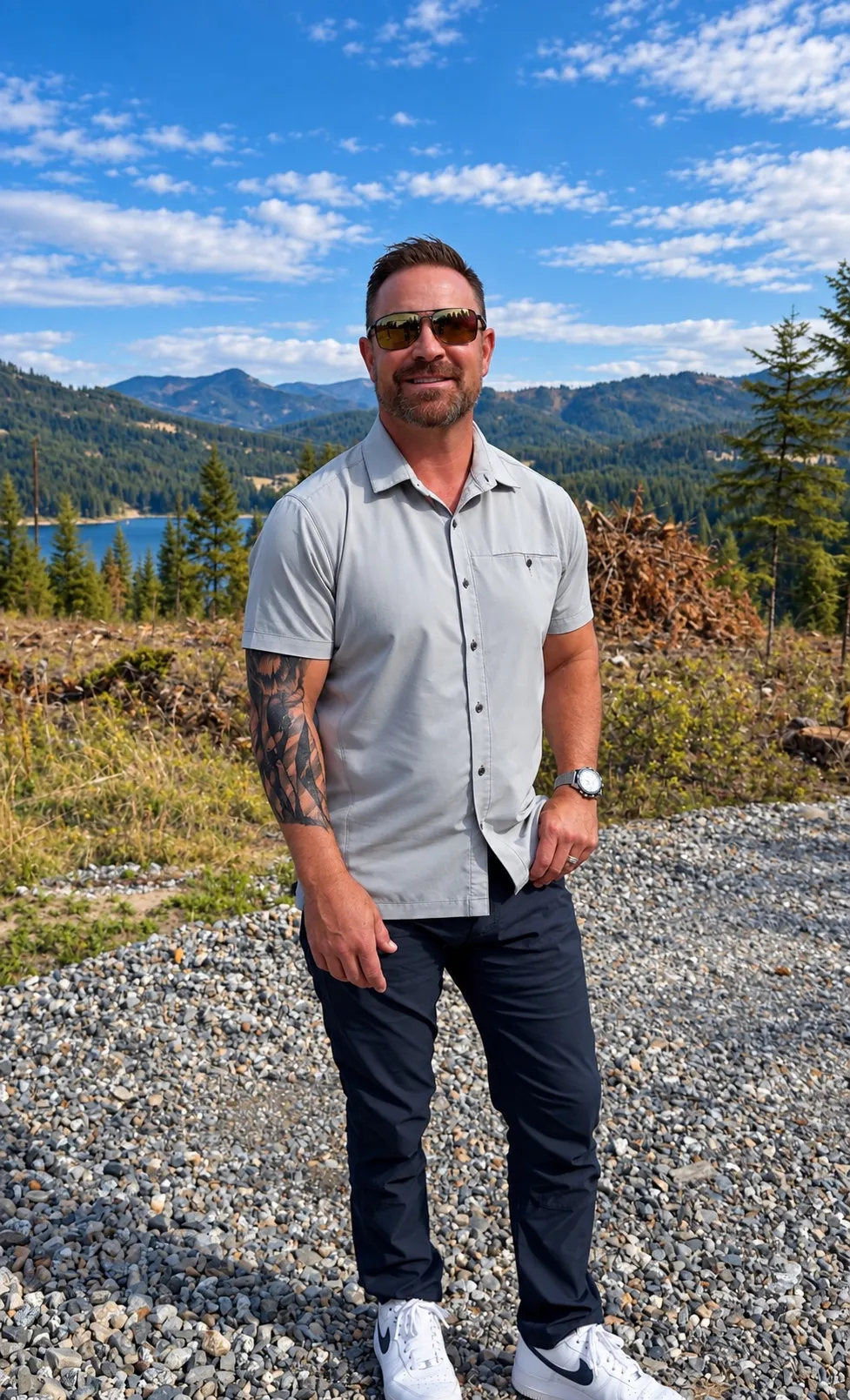 Jared Ban standing on a cleared building lot overlooking timbered mountains and a lake
