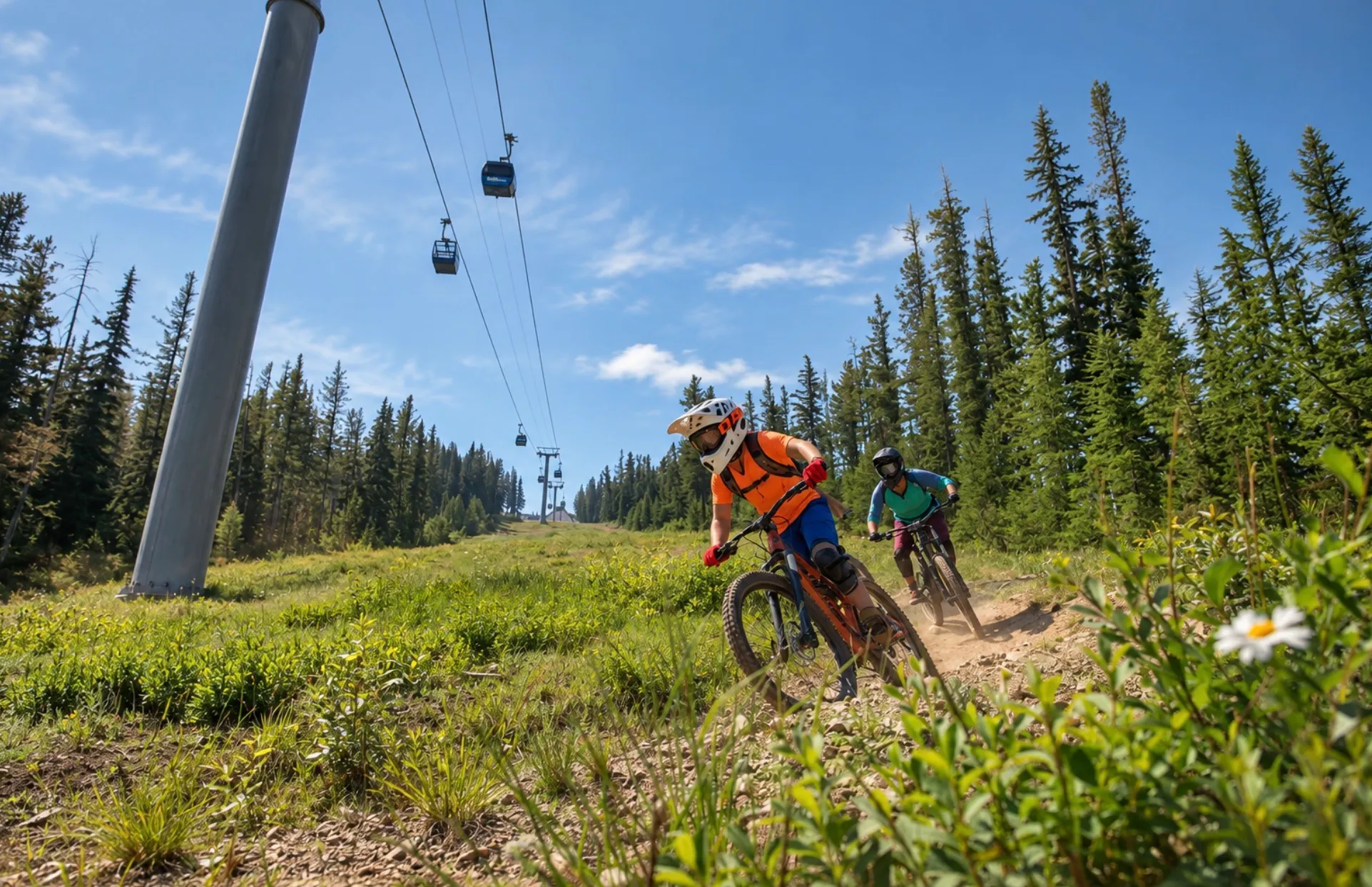 Two mountain bikers riding a grassy trail beneath a gondola line on a summer day