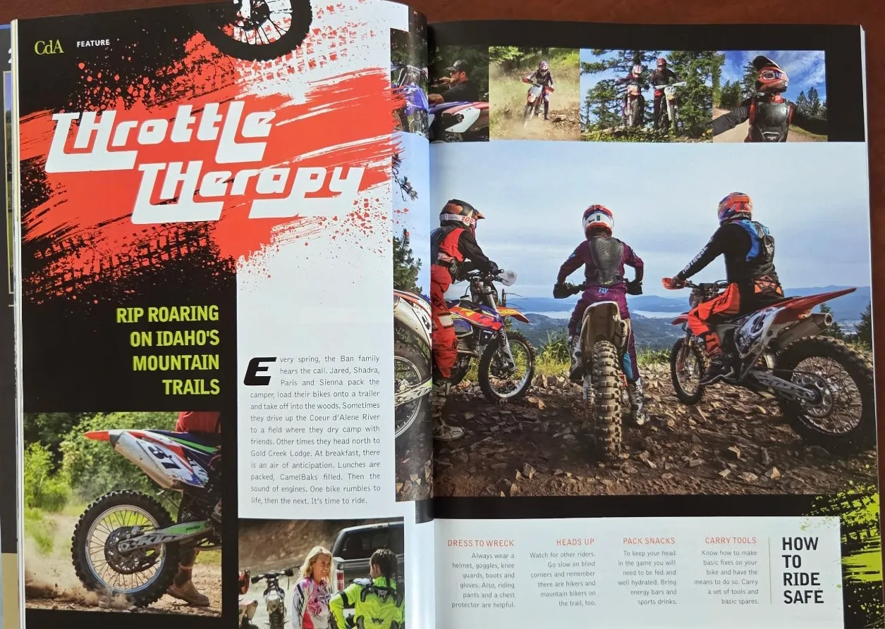 The opening spread of the Coeur d'Alene Magazine feature Throttle Therapy: Rip Roaring on Idaho's Mountain Trails, with photos of the Ban family riding dirt bikes above a lake