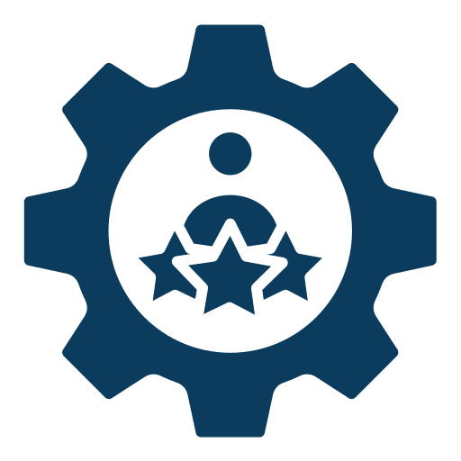 Gear icon with person and stars inside.