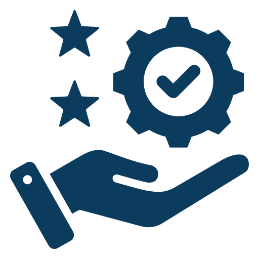 Hand with gear, stars, and checkmark icon.